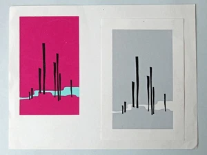 Set stampa forme astratte linocut vintage metà secolo moderno ruscello ed erba - Foto 1 di 12