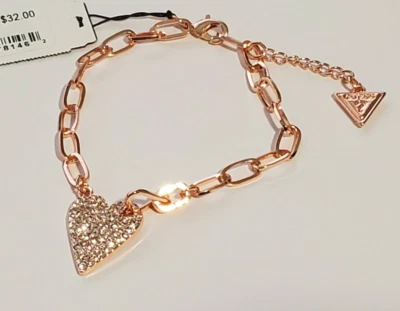 NEW Guess Rose-Gold Tone Sparkly Heart and Logo Charm Bracelet for Women, 7.5" - Image 1 of 4