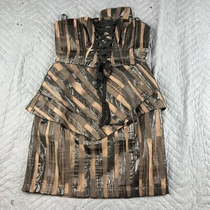 BEBE Dress Small Strapless Asymmetrical Front Lace Up Corset Formal Peplum Mini - Picture 1 of 17