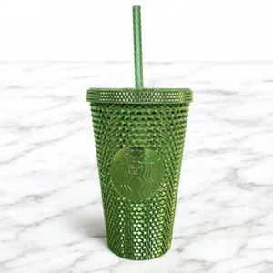 NEW Starbucks Studded Green Cold Cup Tumbler Metallic Diamond Pattern 16oz - Picture 1 of 5