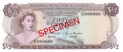 Bahamas $ 1/2  ND. 1968   P 26s   Series C  Specimen  Uncirculated Banknote A19 - Image 1 of 2
