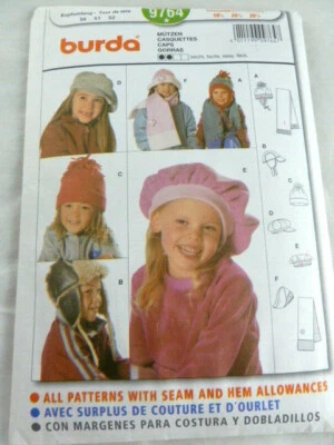 Burda 9764 Childrens Kids Caps Hats Winter Circumference 19 3/4, 20 1/4, 20 1/2 - Image 1 of 2