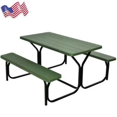 Juego de banco de mesa de picnic de metal rectangular verde con extensión Foto 1 de 4