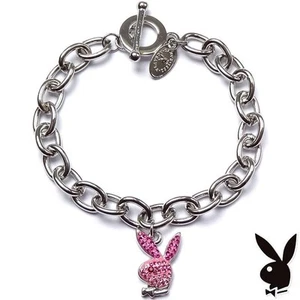 Playboy Charm Bracelet Link Pink Swarovski Crystal Bunny Toggle y2k Play Boy NOS - Picture 1 of 12