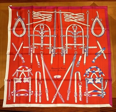 Auth NWT Hermes F. Manlik Belts Motif Red /White/ Blue 100% Silk Scarf 36"/90 cm - Image 1 of 4