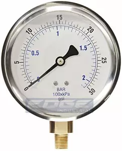 LIQUID FILLED PRESSURE GAUGE 0-30 PSI, 4" FACE, 1/4" LOWER MOUNT - Picture 1 of 2