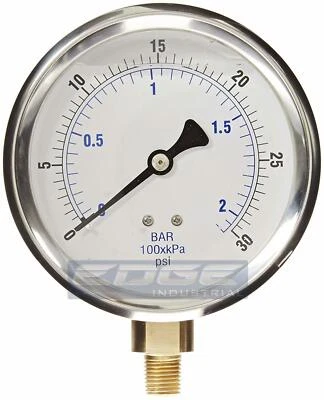 LIQUID FILLED PRESSURE GAUGE 0-30 PSI, 4" FACE, 1/4" LOWER MOUNT - Image 1 of 2