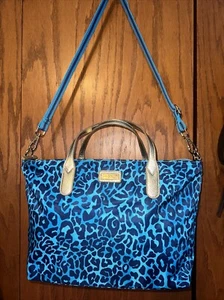 Lilly Pulitzer Evita Tote Bag Blue Leopard Gold Leather Handle Canvas Strap - Picture 1 of 10