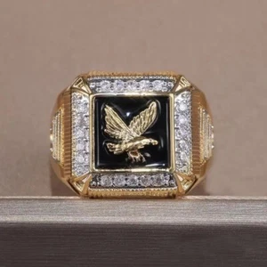 Mens Ring Gold Silver Stainless Steel Eagle Black Gemstones CZ Jewellery Gift UK - Picture 1 of 5