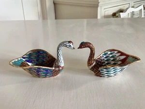 2 Small Vintage Cloisonne Swan Bowls Enamel on Brass 11cm long x 6cm high Exc - Picture 1 of 7