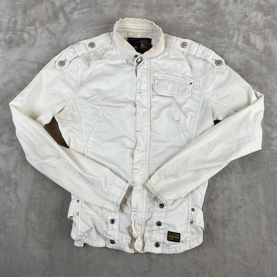 G-Star RAW Biker Jacket Women Large Ivory Full Zip Motto Long Sleeve Designer - Image 1 of 4