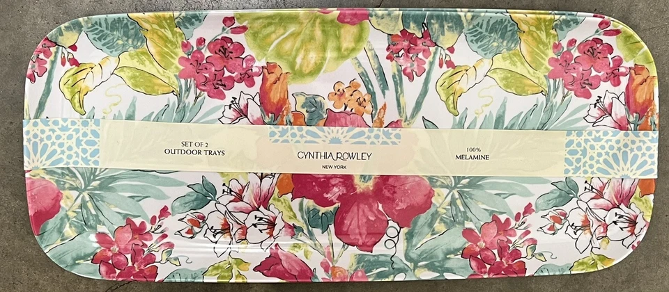 Cynthia Rowley Pink Tropical Floral MELAMINE Serving Tray Platter Set Of 2 - Image 1 of 1