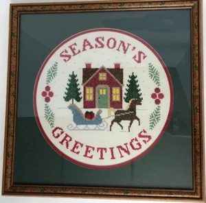 Season’s Greetings Cross Stitch Professionally Framed And Matted 18x18in - Picture 1 of 7