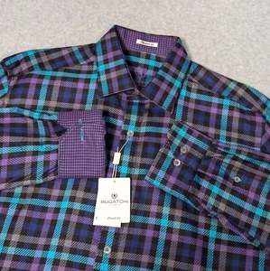 Camisa BUGATCHI con forma de ajuste abotonada para hombre mediana puño abatible verde azulado púrpura a cuadros nueva - Imagen 1 de 11
