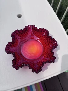 Fenton Ruby Red Glass Hobnail Double Crimped 7.5" Ruffled Bowl Candy Dish - Picture 1 of 4