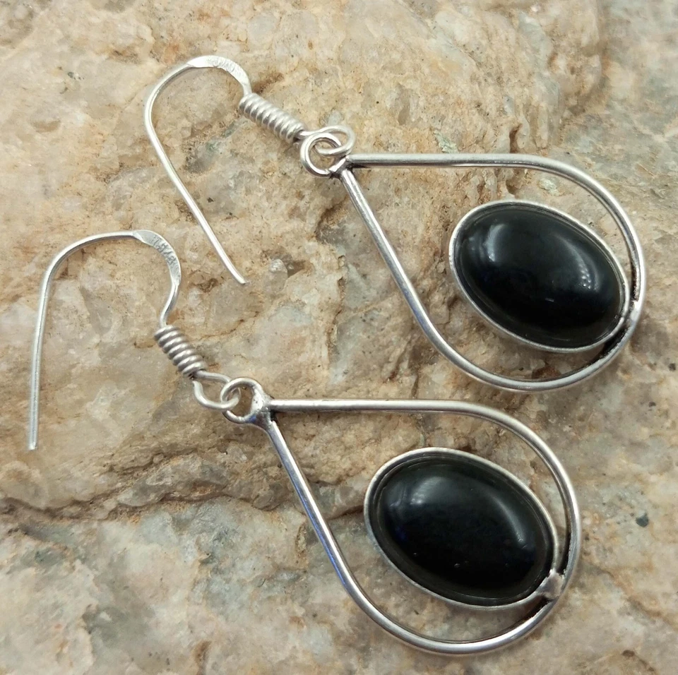1 par de aretes étnicos para mujer enchapados en plata de ley 925 con piedras preciosas de ónix negro Foto 1 de 1