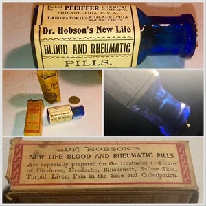antique Cobalt Blue Medicine DR.HOBSON'S Blood & Rheumatic W/Contents/Box+Adv - Picture 1 of 10