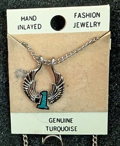 Vintage Nickle Silver Necklace Angel Wings & # 1 Resin Filled Turquoise Sz 3/4" - Picture 1 of 1