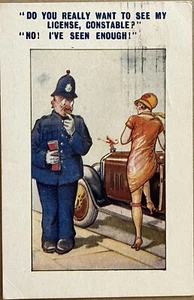 Policeman Sexy Lady Driver Devil Car Hood Ornament Comic Postcard c1920 - Picture 1 of 5