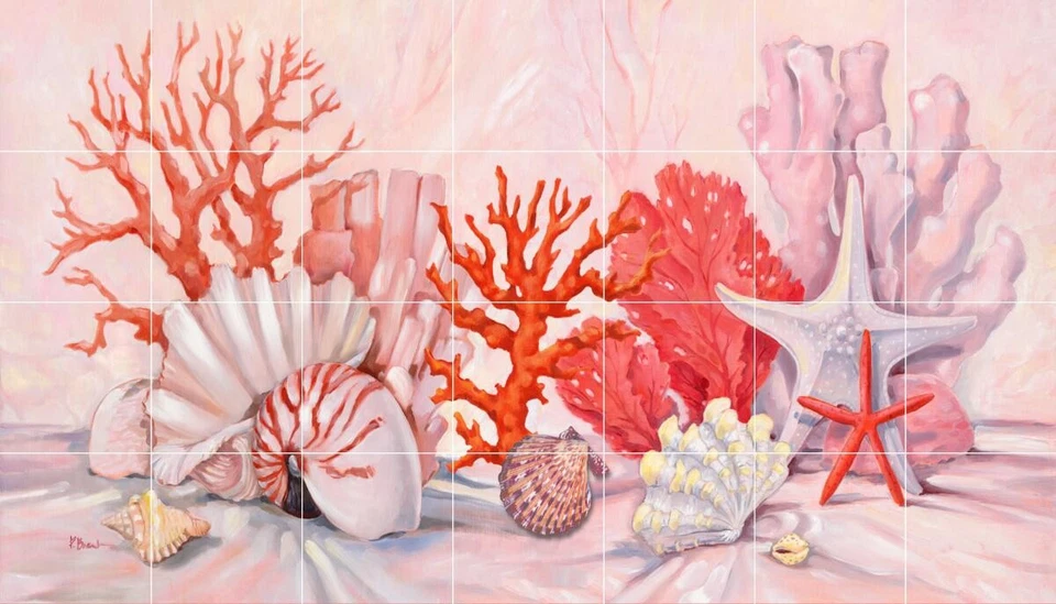 Mural de azulejos de salpicadero de cerámica con temática de concha marina - borde de bodegón de coral Foto 1 de 1