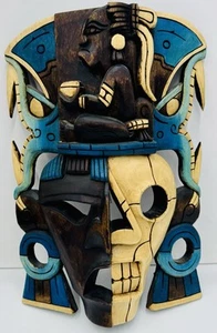 Seltene Maya Azteken geschnitzte Holzmaske Jaguar Krieger Schädel Dualität Stammeskunst - Bild 1 von 5