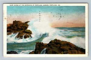 Portland ME-Maine, Surf Scene At Entrance, Portland Harbor Vintage Postcard - Picture 1 of 2