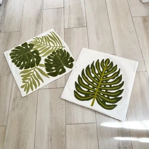 MONSTERA LEAF Set Of 2 Botanical Crewel Embroidered Pillow Covers 18” X 18” - Picture 1 of 7