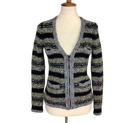 Rag & Bone Womens Striped Knit Cardigan Sweater Black/Green/Gray Wool Blend Size - Image 1 of 4
