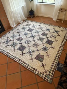 Antique Vintage Hand Made Quilt Star wedding Band Daisy Whirling Logo 82x82 - Picture 1 of 12