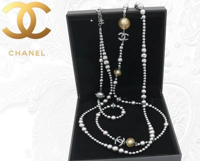 RARE CHANEL CC 2017 RUNWAY Grey Silver Double Strand Faux Pearl Necklace France - Image 1 of 4