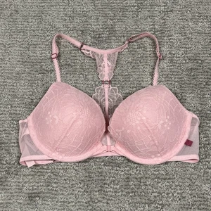 Victoria's Secret Push Up Bra Womens 36B Racer Back Front Clasp Pink Lacy Sexy - Picture 1 of 8