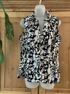 Talbots schwarz elfenbein Blumendruck Bluse | ärmellos Wickel-Seitenreißverschluss | Damen 12 - Bild 1 von 10