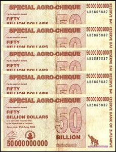 Cheque agrícola especial de 50 mil millones de dólares de Zimbabue, 2008, P-63, usado X 5 piezas - Imagen 1 de 4