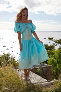 My Beachy Side Mariposa Off The Shoulders Embroidered Smocked Corset Dress Sz L - Picture 1 of 12