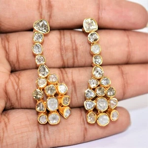 Natural Polki Diamond Earrings 925 Sterling Silver Dangling Victorian Earrings - Picture 1 of 5