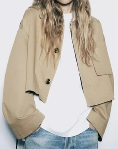 ZARA Trench Cappotto Donna Cropped Oversize Lana a Contrasto Cachi/Navy Tg M Nuovo con etichette - Foto 1 di 14