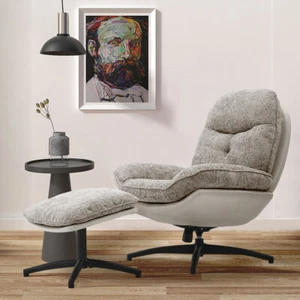 Chenille Recliner Chair Swivel Armchair Lounge Sofa Seat W/ Footstool Metal Base - Picture 1 of 24