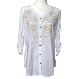 Sonoma Womens Boho Embroidered White Button Down Top Long Sleeve Shirt Size L - Picture 1 of 6