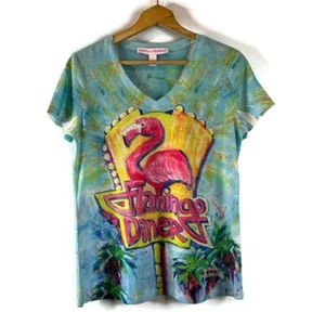 LEOMA LOVEGROVE Womens Fitted T-Shirt Top Size XL Flamingo Multicolor V-Neck - Picture 1 of 7