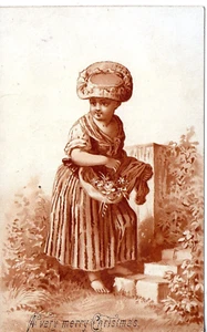 B1-75984. Chromolitho ca 1880 Trade Card  French Girl w Flower Basket in sepia - Picture 1 of 2
