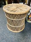 Vintage Round Woven Wicker Rattan Basket Pedestal Drum Table Plant Stand Stool