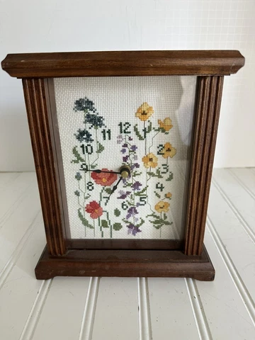Vtg Sudberry House Large Mantel CLOCK Cherry Wood -  Cross Stitch Completed Cover
