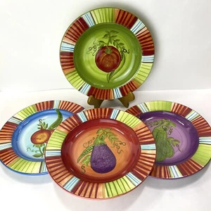Set 4 bunte Laurie Gates Speiseteller gestreift Gemüse 10" Auberginen Bohnen - Bild 1 von 9