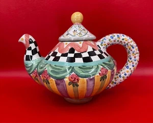 Tetera y tapa mayólica Mackenzie Childs Taylor Pattern Odd Fellows ¡Súper bonita! - Imagen 1 de 23