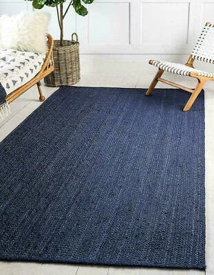 Rug Blue Jute Rectangle Hand Braided Farmhouse Area Rug Rustic Look Boho Rugs - Image 1 of 4