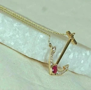 2.0Ct Rd Cut created Diamond Ruby Women's Anchor Pendant 14K Yellow Gold Plated - Picture 1 of 5