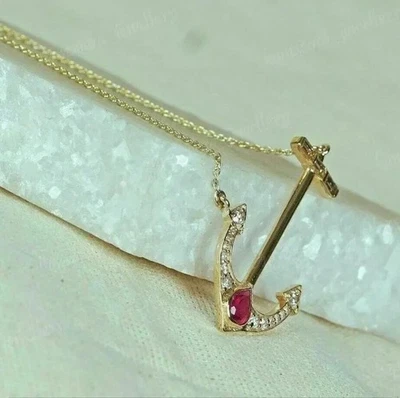 2.0Ct Rd Cut created Diamond Ruby Women's Anchor Pendant 14K Yellow Gold Plated - Image 1 of 4