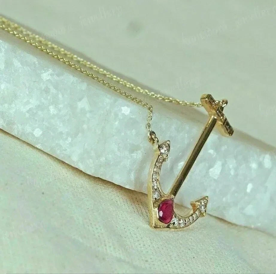 2.0Ct Rd Cut created Diamond Ruby Women's Anchor Pendant 14K Yellow Gold Plated - Image 1 of 4
