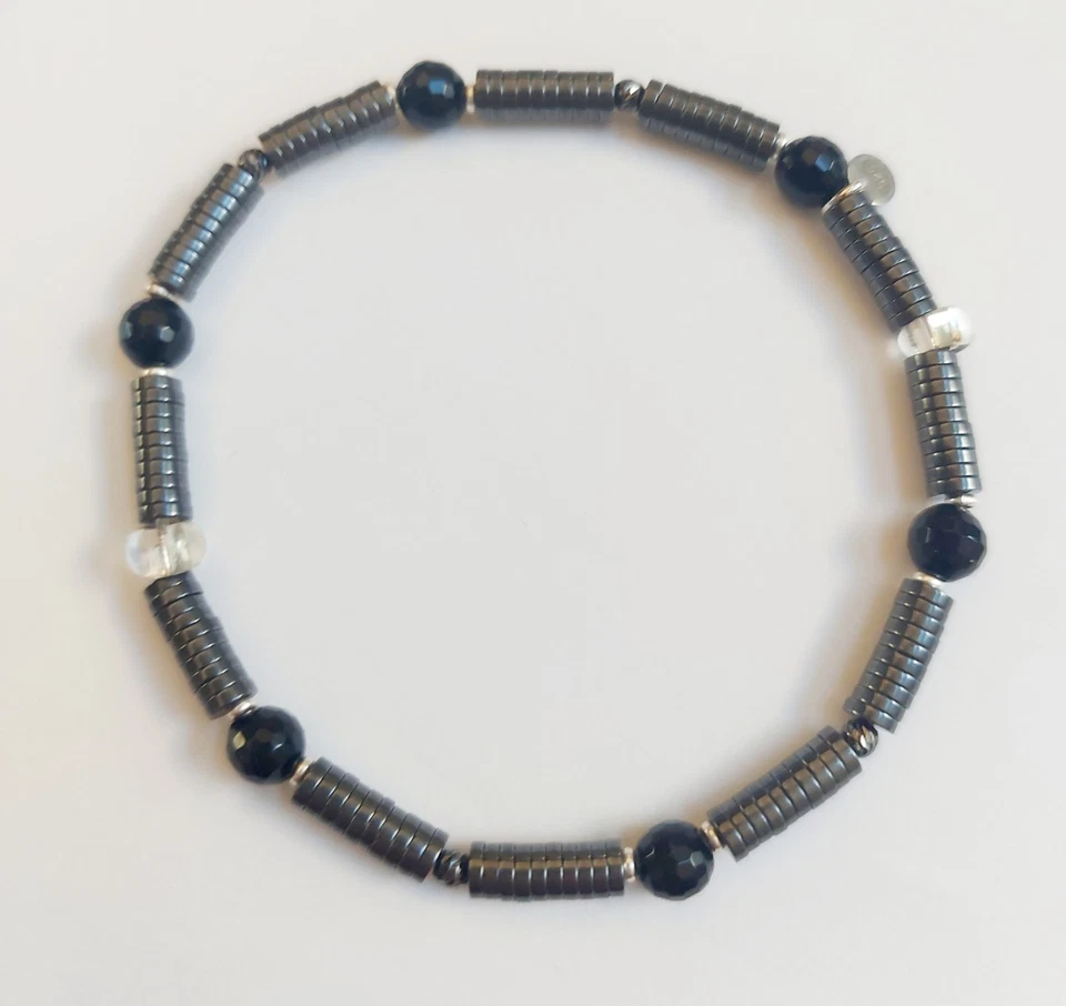 Bracciale in argento 925 elastico da uomo con onice, ematite e vetro di Murano - Immagine 1 di 4