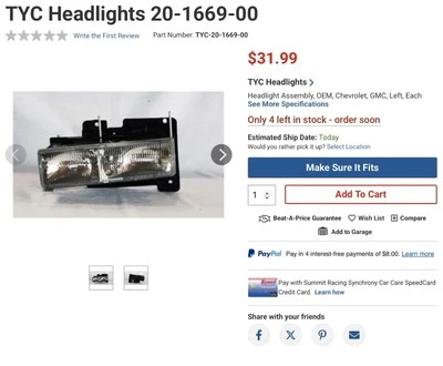 New TYC OEM Left Chevy Chevy/GMC 91-02 Blazer/C/K/Tahoe 20-1669-00 - Image 1 of 2